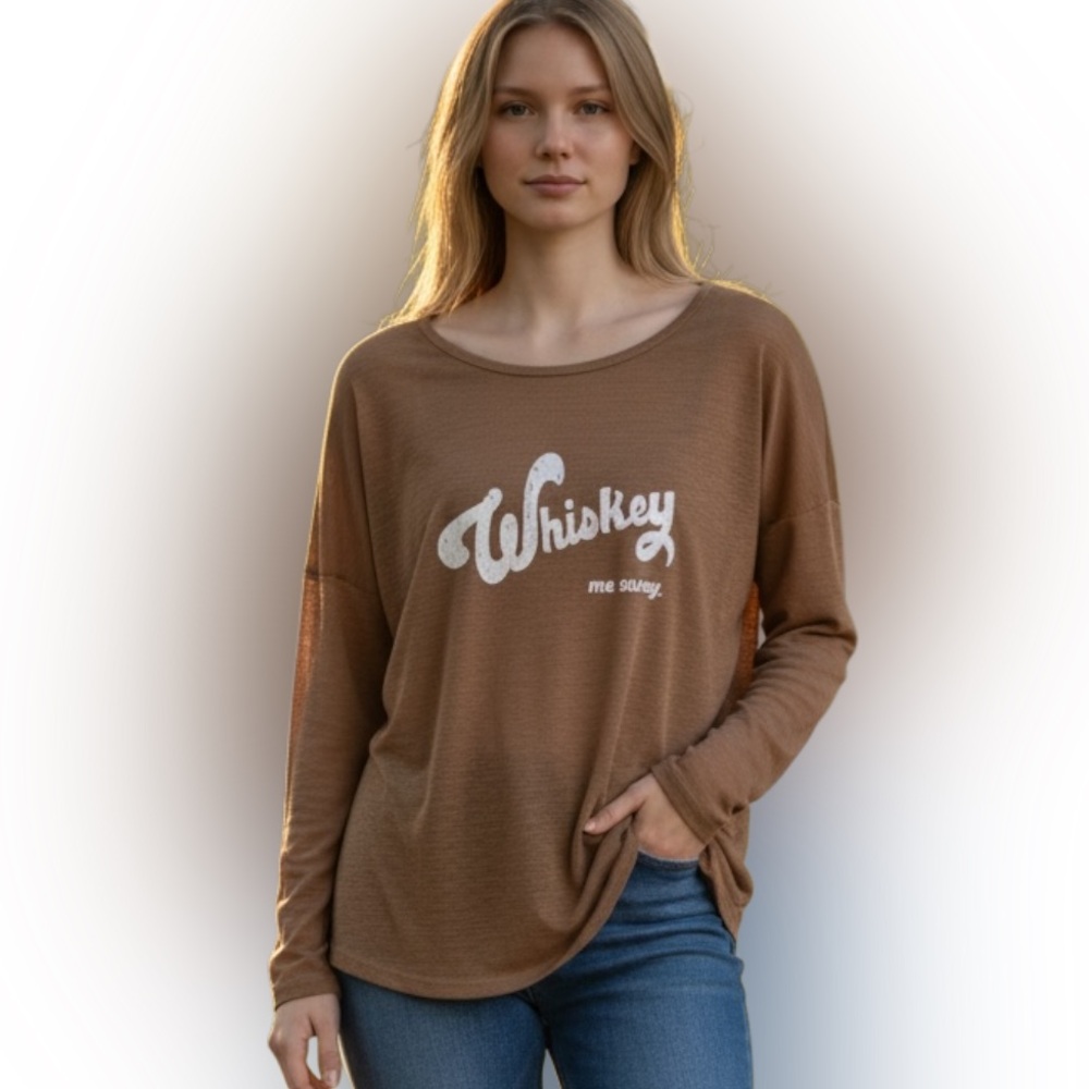 Cato Whiskey Graphic Tan Long Sleeve Top